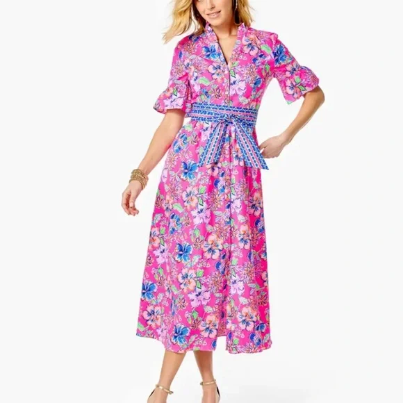 NWT LILLY PULITZER MARILISA STRETCH SHIRTDRESS PINK ISLE LAST BUD NOT LEAST - Picture 5 of 10